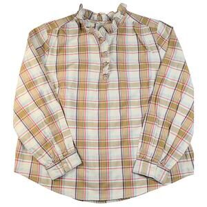 ST. JOHN'S BAY Women's 0X Neutral PLAID BLOUSE Long Sleeve RUFFLE NECK Top